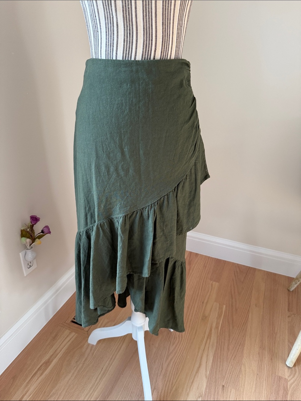 Zara Olive Green Asymmetric Ruffle Midi Skirt